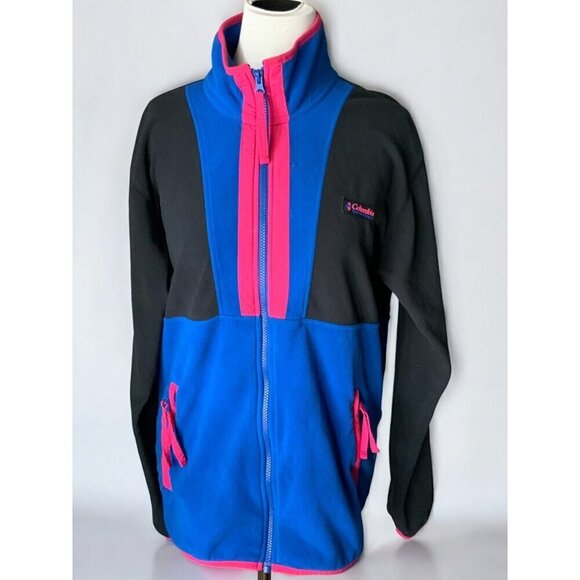 Columbia Fleece Jacket Black Blue Pink Full Zip Long Sleeve Mock Neck Small - Picture 1 of 8
